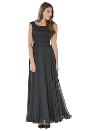 Blue Long Sleeveless Dress with Embellished Bodice by Poly USA-Long Formal Dresses-ABC Fashion
