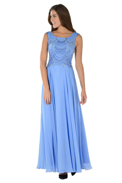 Blue Long Sleeveless Dress with Embellished Bodice by Poly USA-Long Formal Dresses-ABC Fashion