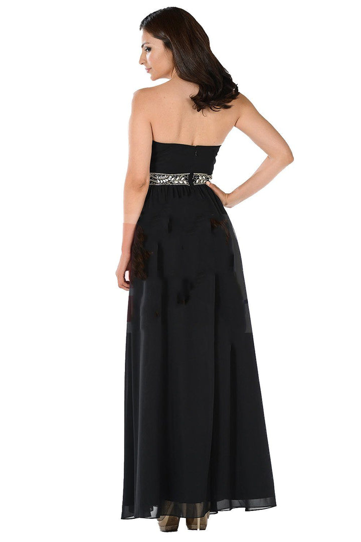 Blue Long Strapless Dress with Embellished Waist by Poly USA-Long Formal Dresses-ABC Fashion