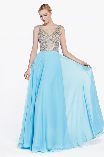 Blue Long V-Neck Chiffon Dress by Cinderella Divine 71190