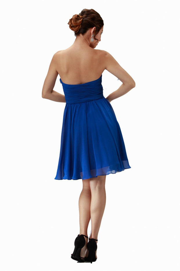 Blue Ruched Short Strapless Sweetheart Dress by Poly USA-Short Cocktail Dresses-ABC Fashion