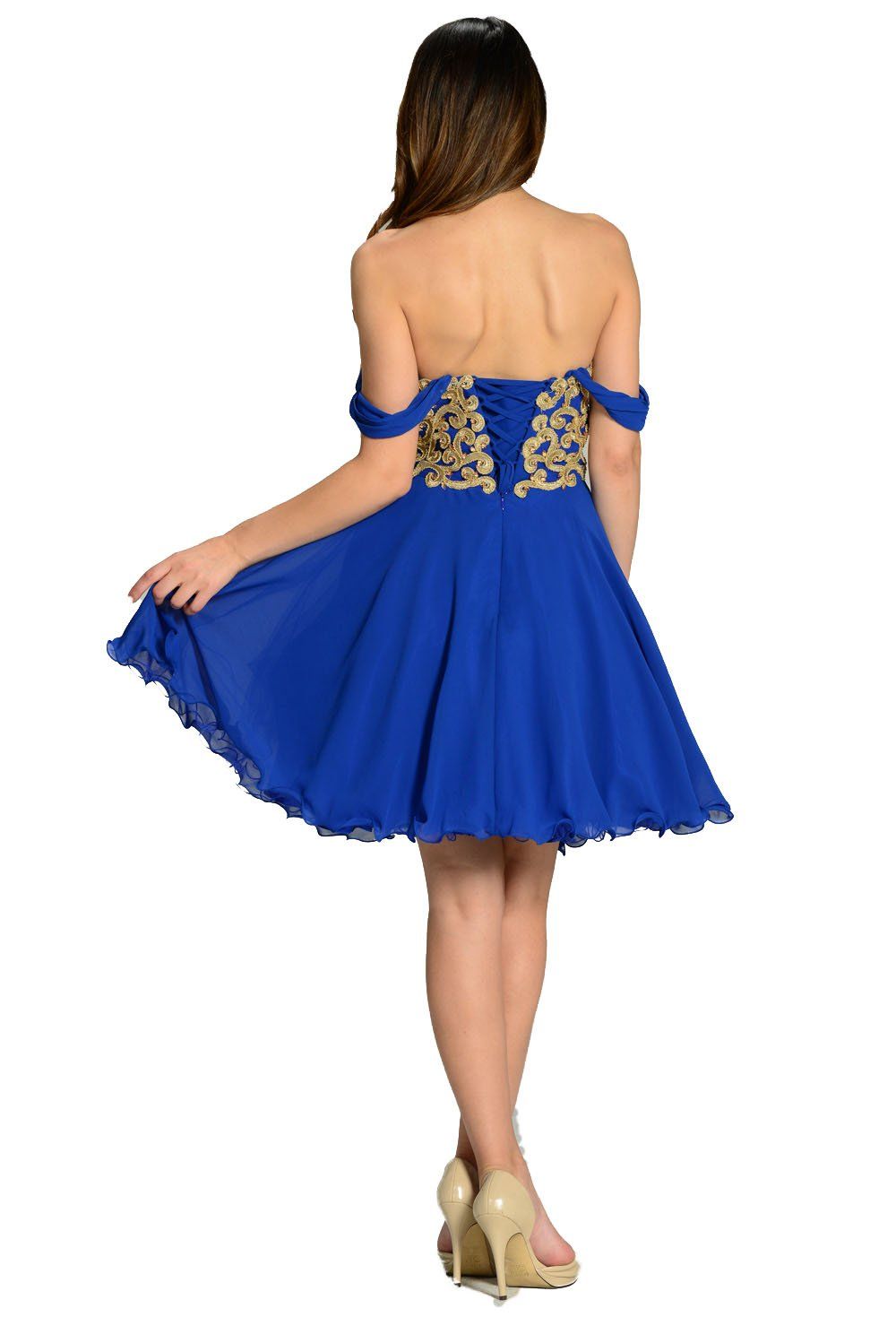 Blue Short Appliqued Off the Shoulder Dress by Poly USA-Short Cocktail Dresses-ABC Fashion