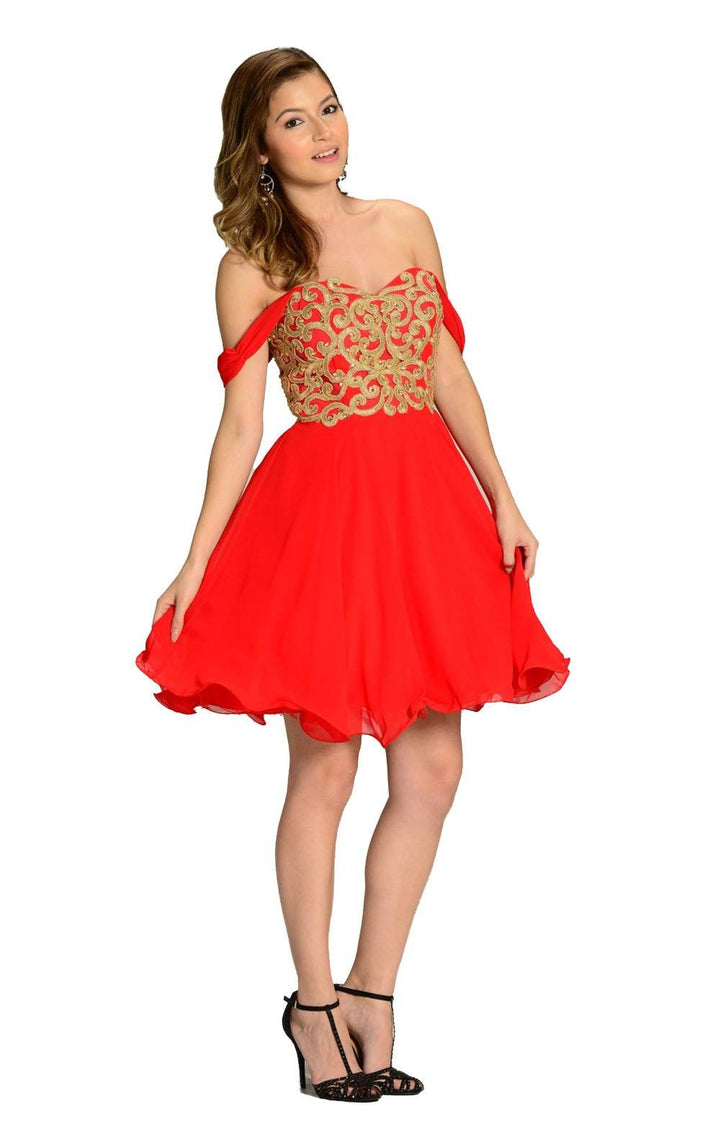 Blue Short Appliqued Off the Shoulder Dress by Poly USA-Short Cocktail Dresses-ABC Fashion