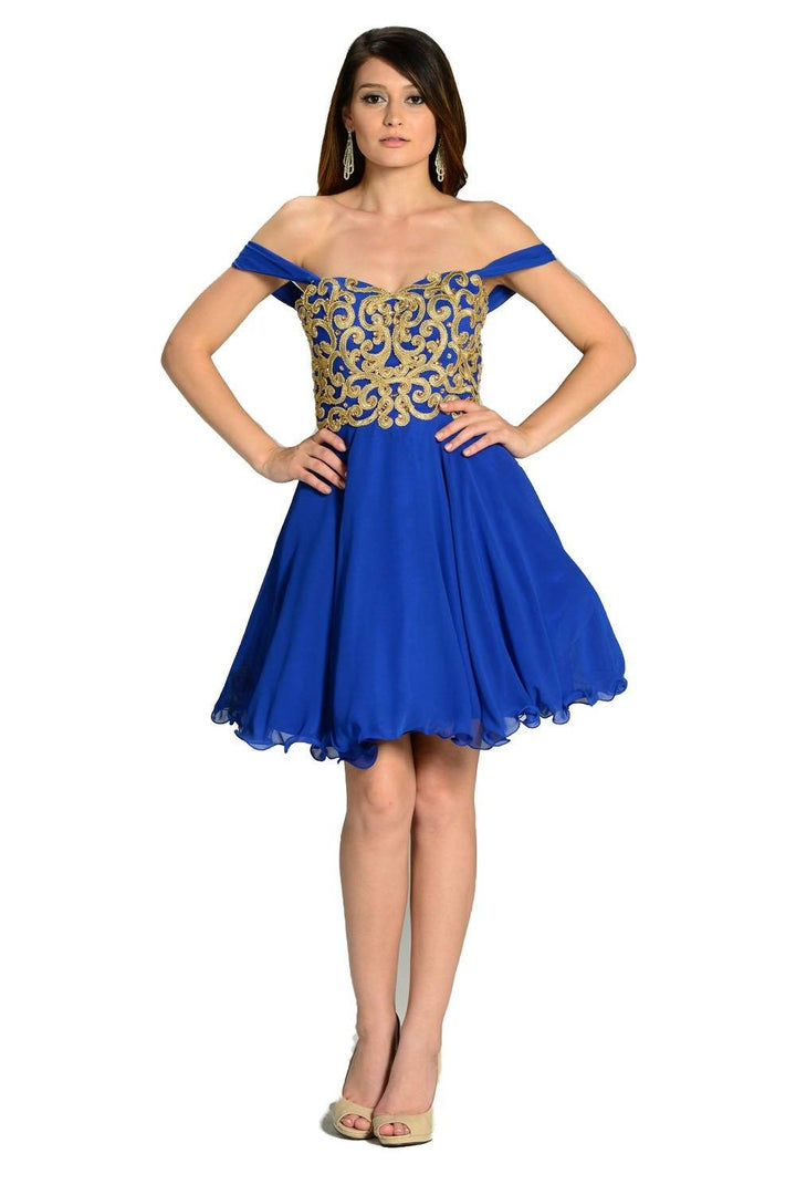 Blue Short Appliqued Off the Shoulder Dress by Poly USA-Short Cocktail Dresses-ABC Fashion