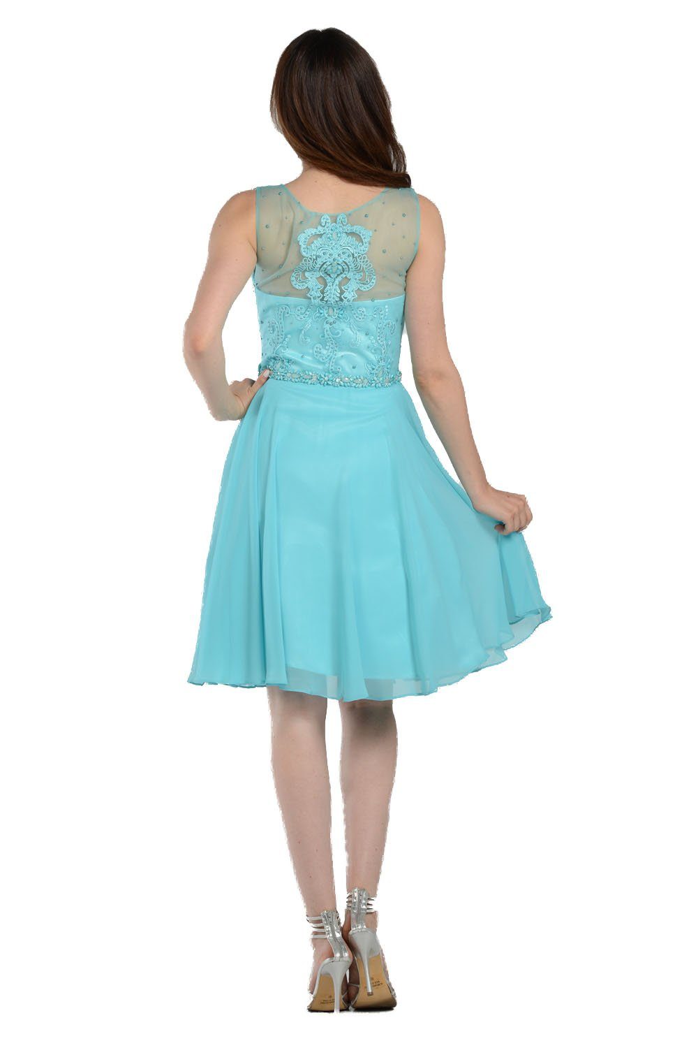 Blue Short Chiffon Dress with Beaded Bodice by Poly USA-Short Cocktail Dresses-ABC Fashion