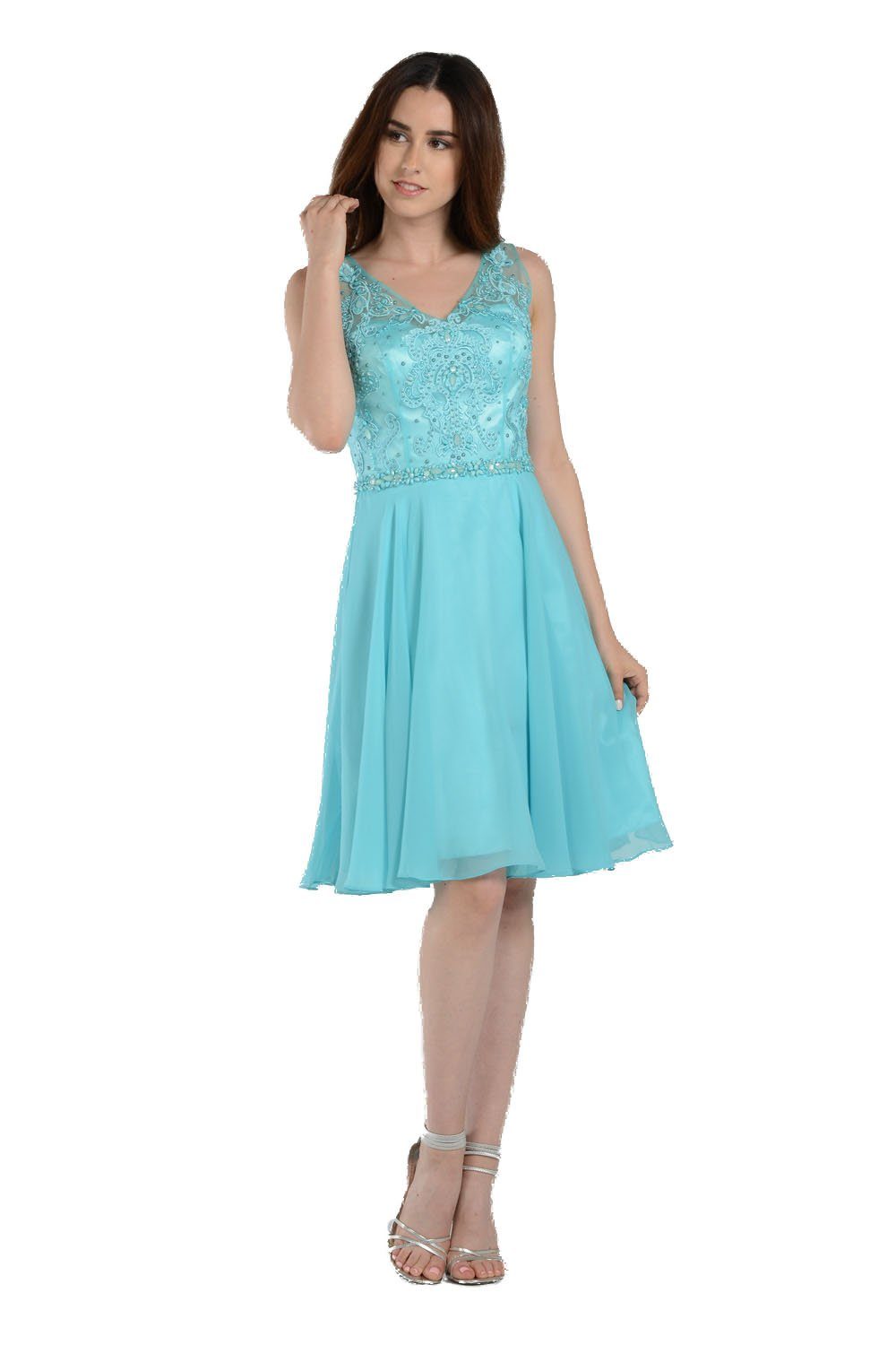 Blue Short Chiffon Dress with Beaded Bodice by Poly USA-Short Cocktail Dresses-ABC Fashion