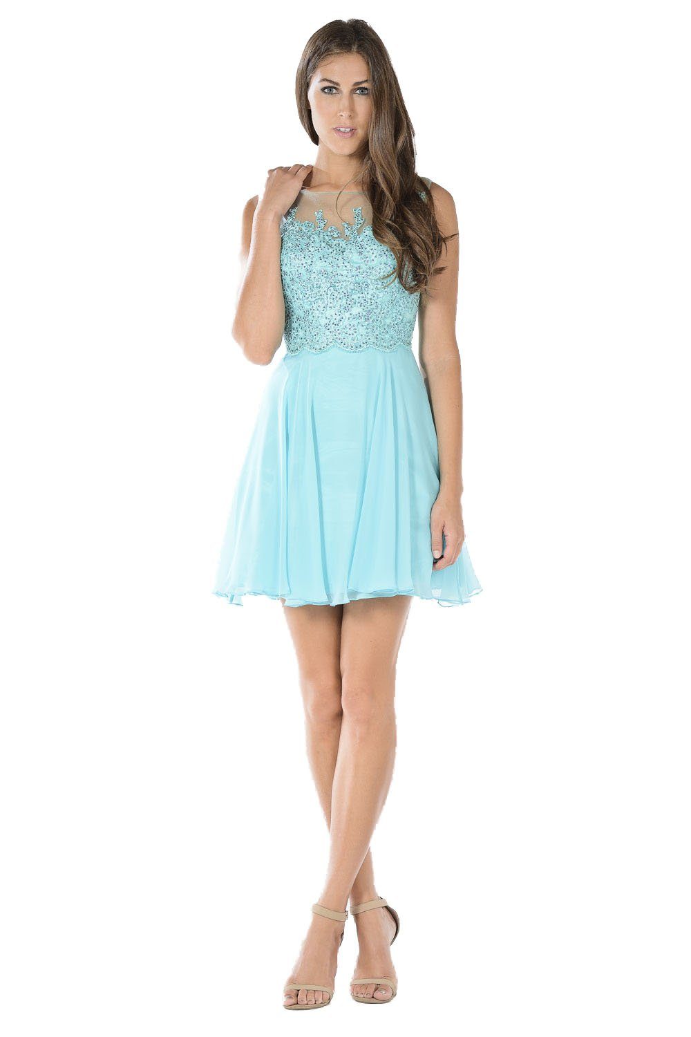 Blue Short Chiffon Dress with Lace Applique Bodice by Poly USA-Short Cocktail Dresses-ABC Fashion