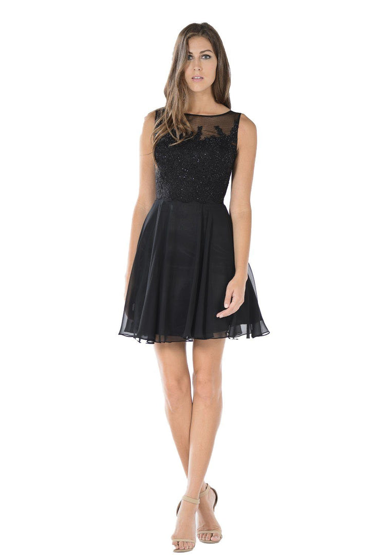 Blue Short Chiffon Dress with Lace Applique Bodice by Poly USA-Short Cocktail Dresses-ABC Fashion