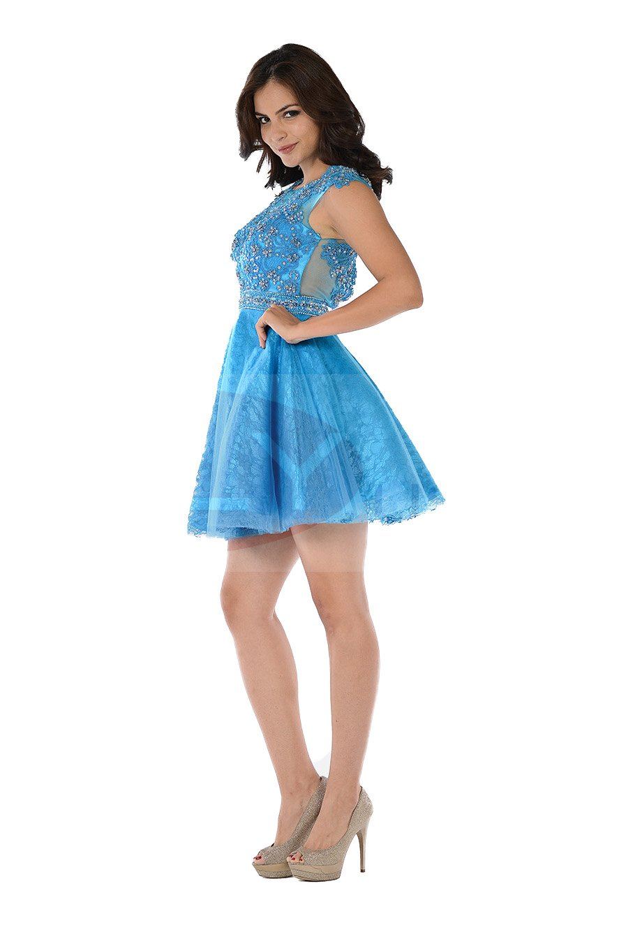 Blue Short Lace Dress with Beaded Bodice by Poly USA-Short Cocktail Dresses-ABC Fashion