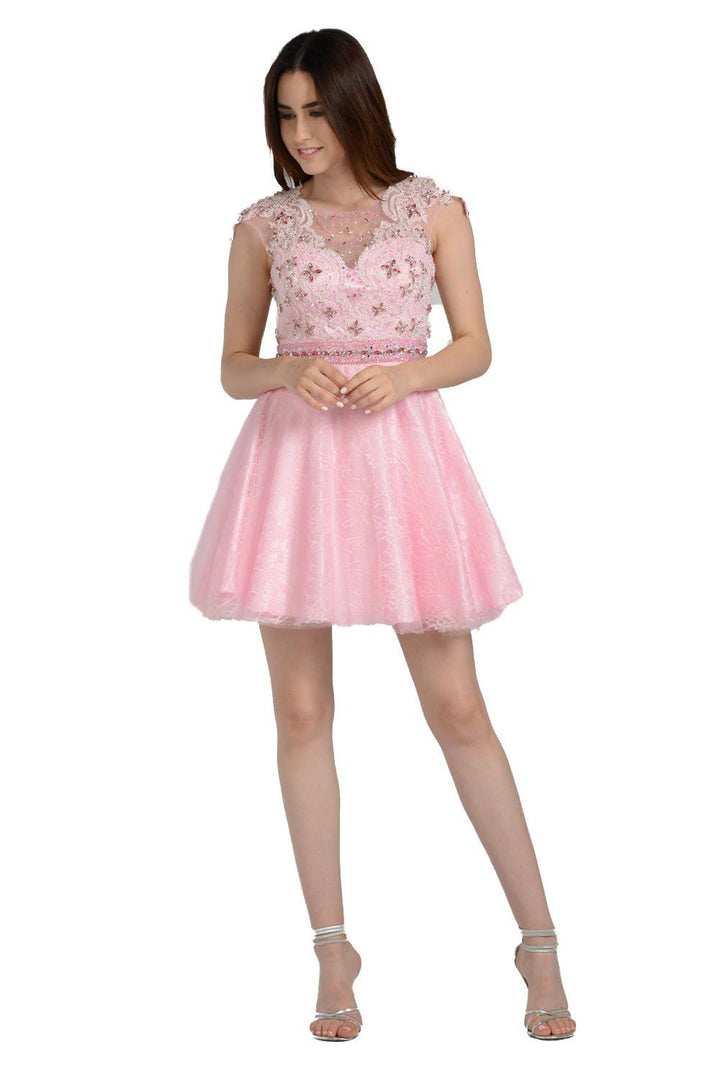 Blue Short Lace Dress with Beaded Bodice by Poly USA-Short Cocktail Dresses-ABC Fashion