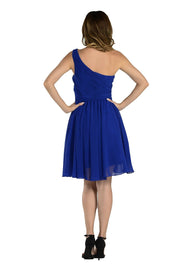 Blue Short One Shoulder Ruched Dress by Poly USA-Short Cocktail Dresses-ABC Fashion