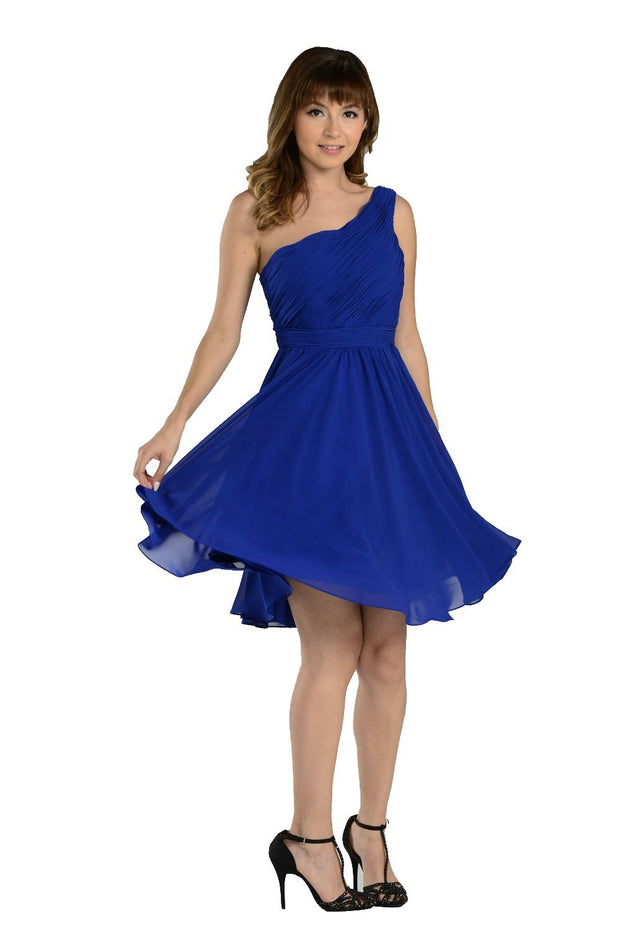 Blue Short One Shoulder Ruched Dress by Poly USA-Short Cocktail Dresses-ABC Fashion