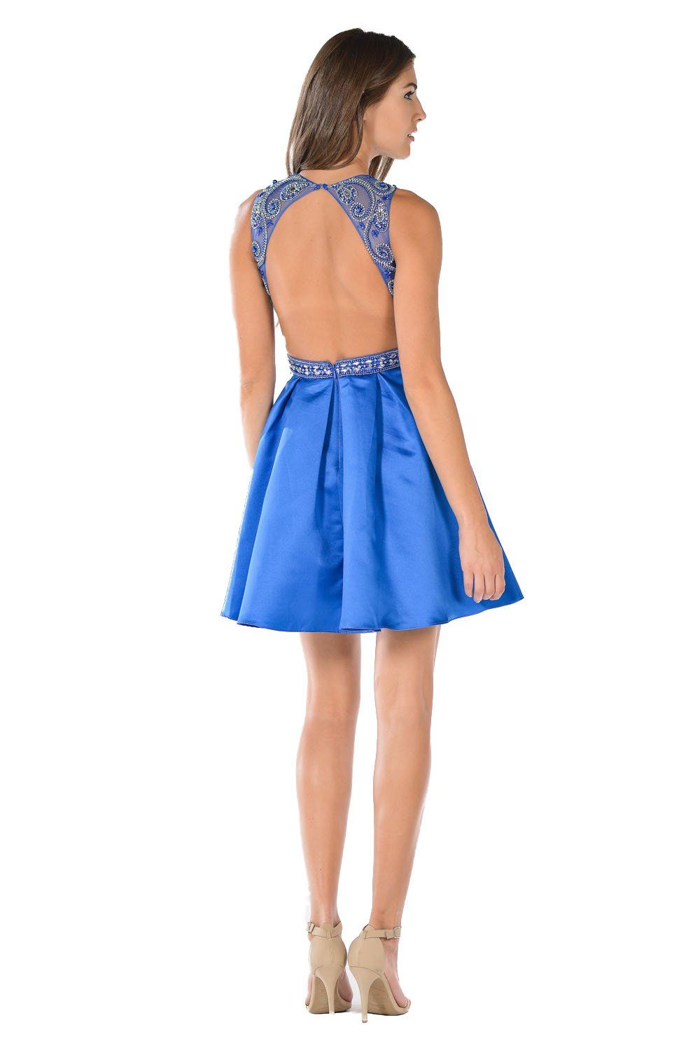 Blue Short Satin Dress with Beaded Bodice by Poly USA-Short Cocktail Dresses-ABC Fashion