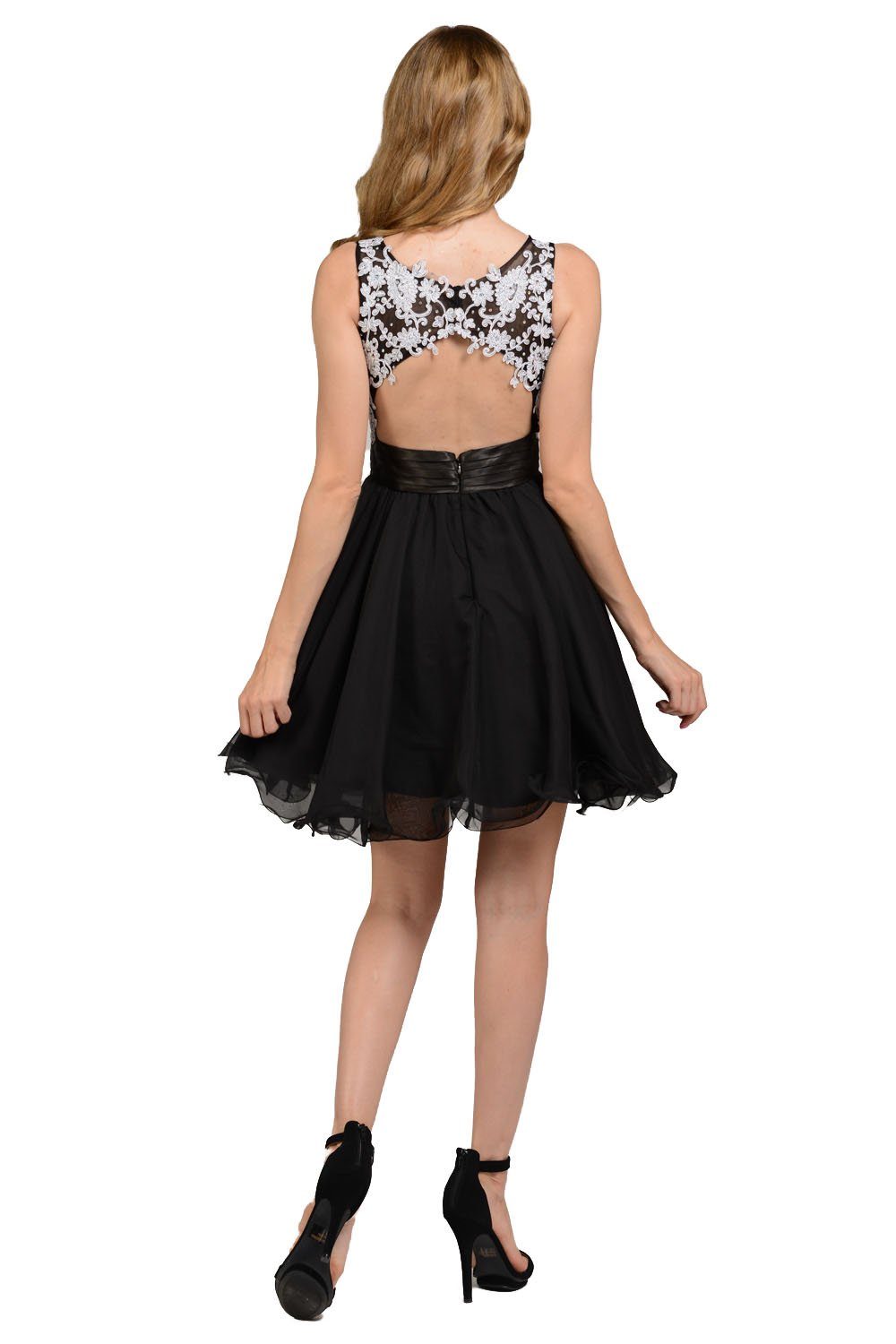 Blue Short Sleeveless Lace Applique Dress by Poly USA-Short Cocktail Dresses-ABC Fashion