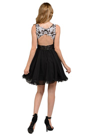 Blue Short Sleeveless Lace Applique Dress by Poly USA-Short Cocktail Dresses-ABC Fashion