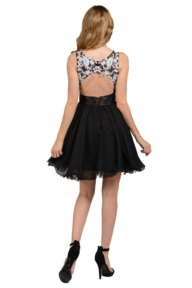 Blue Short Sleeveless Lace Applique Dress by Poly USA-Short Cocktail Dresses-ABC Fashion