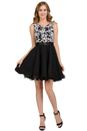 Blue Short Sleeveless Lace Applique Dress by Poly USA-Short Cocktail Dresses-ABC Fashion