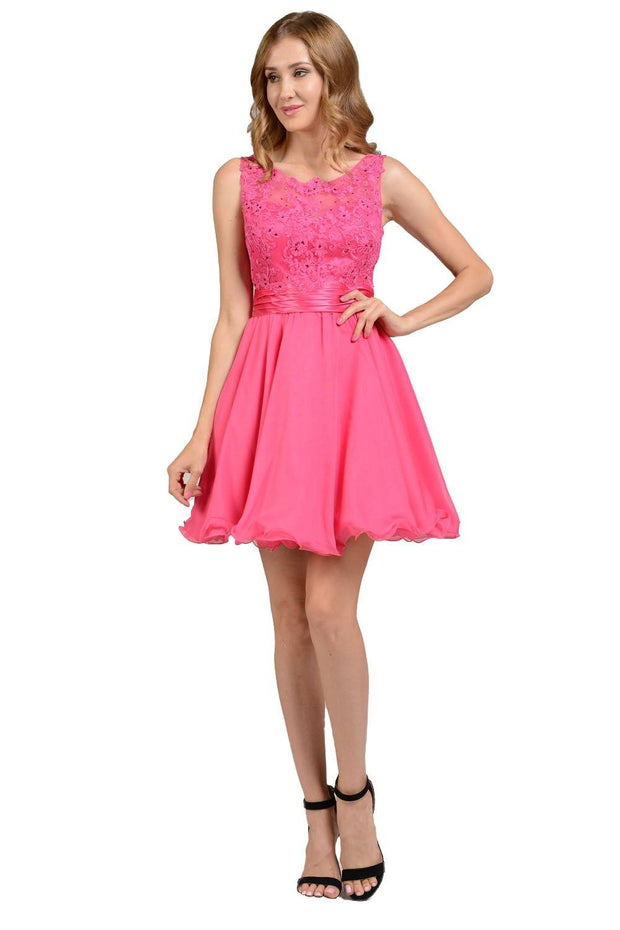 Blue Short Sleeveless Lace Applique Dress by Poly USA-Short Cocktail Dresses-ABC Fashion