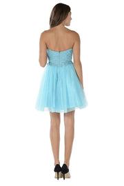 Blue Short Strapless Dress with Lace Bodice by Poly USA-Short Cocktail Dresses-ABC Fashion