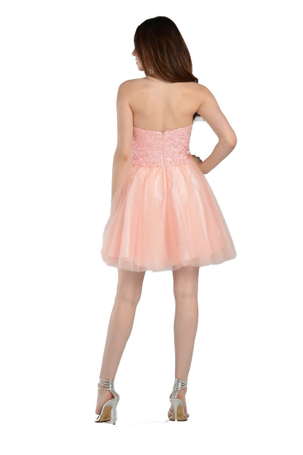 Blue Short Strapless Dress with Lace Bodice by Poly USA-Short Cocktail Dresses-ABC Fashion