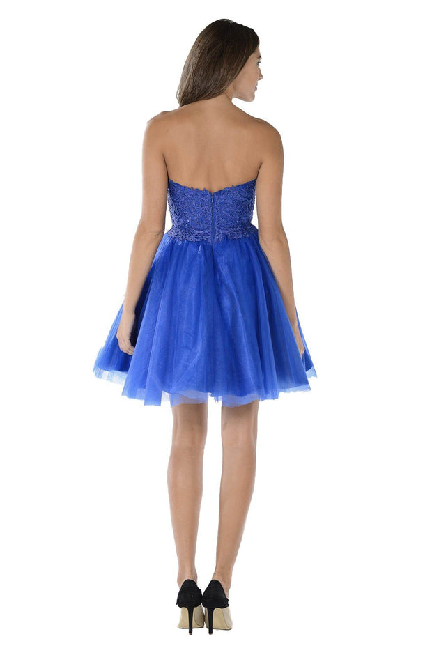 Blue Short Strapless Dress with Lace Bodice by Poly USA-Short Cocktail Dresses-ABC Fashion