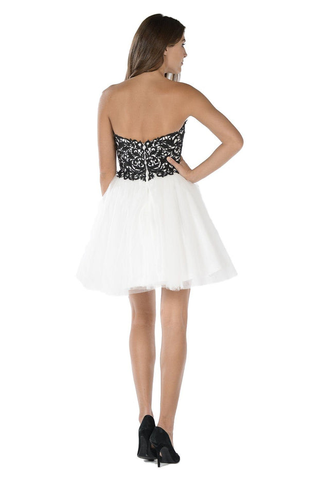 Blue Short Strapless Dress with Lace Bodice by Poly USA-Short Cocktail Dresses-ABC Fashion