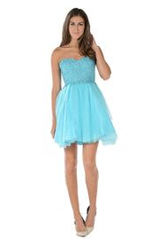 Blue Short Strapless Dress with Lace Bodice by Poly USA-Short Cocktail Dresses-ABC Fashion
