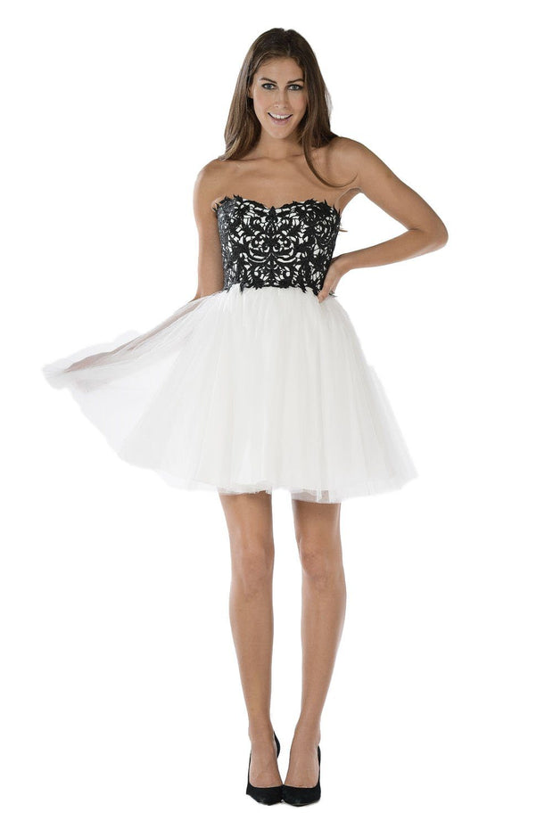 Blue Short Strapless Dress with Lace Bodice by Poly USA-Short Cocktail Dresses-ABC Fashion