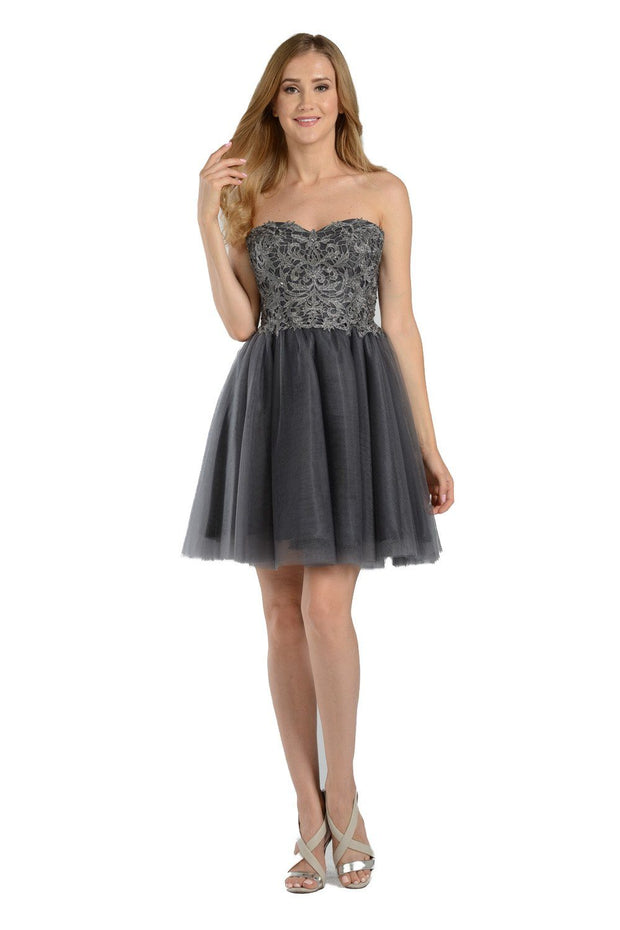 Blue Short Strapless Dress with Lace Bodice by Poly USA-Short Cocktail Dresses-ABC Fashion