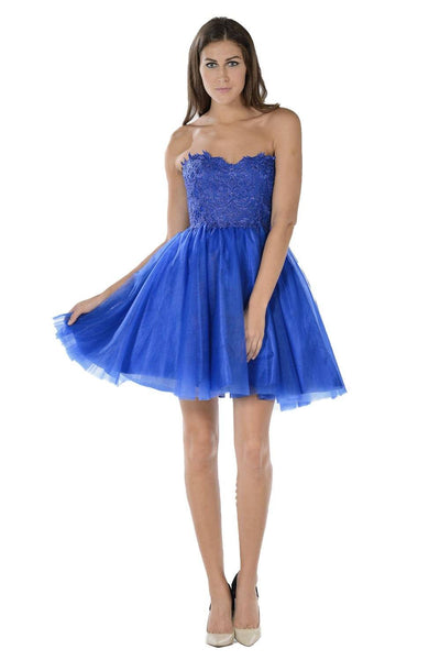 Blue Short Strapless Dress with Lace Bodice by Poly USA-Short Cocktail Dresses-ABC Fashion