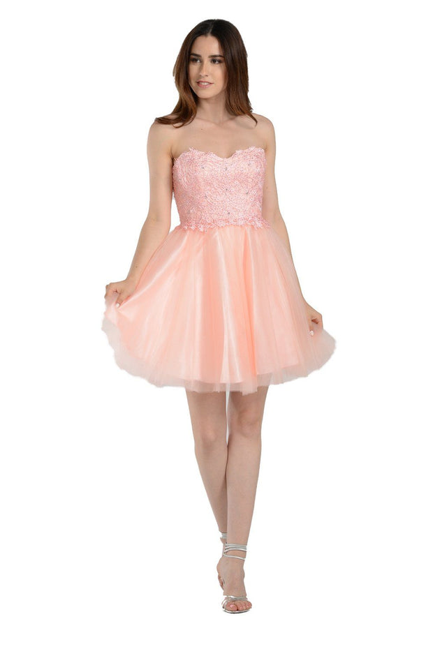 Blue Short Strapless Dress with Lace Bodice by Poly USA-Short Cocktail Dresses-ABC Fashion