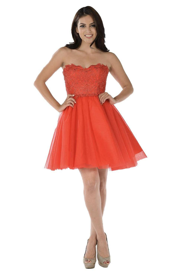 Blue Short Strapless Dress with Lace Bodice by Poly USA-Short Cocktail Dresses-ABC Fashion