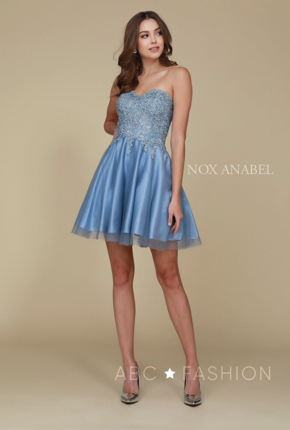 Blue Short Strapless Sweetheart Dress by Nox Anabel G651-Short Cocktail Dresses-ABC Fashion