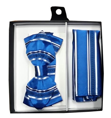 Blue Striped Bow Tie with Pocket Square (Pointed Tip)-Men's Bow Ties-ABC Fashion