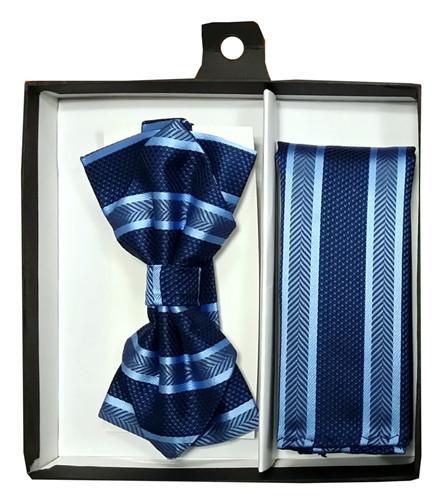 Blue Striped Bow Tie with Pocket Square (Pointed Tip)-Men's Bow Ties-ABC Fashion