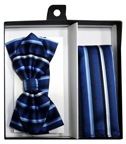 Blue Striped Bow Tie with Pocket Square (Pointed Tip)-Men's Bow Ties-ABC Fashion