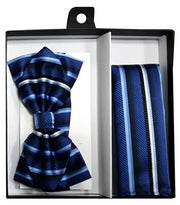 Blue Striped Bow Tie with Pocket Square (Pointed Tip)-Men's Bow Ties-ABC Fashion