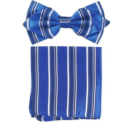 Blue Striped Bow Tie with Pocket Square (Pointed Tip)-Men's Bow Ties-ABC Fashion