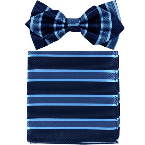 Blue Striped Bow Tie with Pocket Square (Pointed Tip)-Men's Bow Ties-ABC Fashion