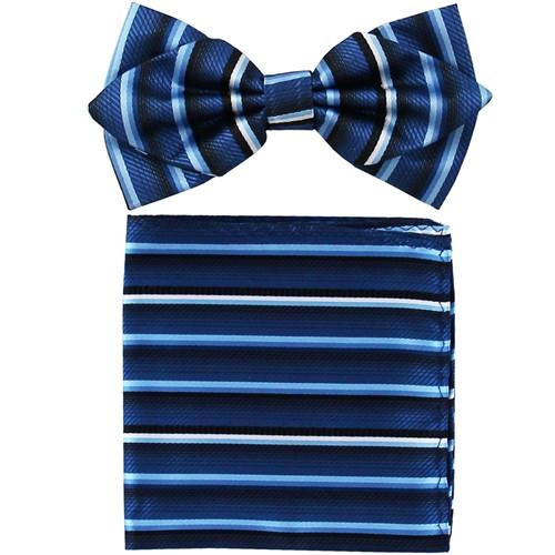 Blue Striped Bow Tie with Pocket Square (Pointed Tip)-Men's Bow Ties-ABC Fashion