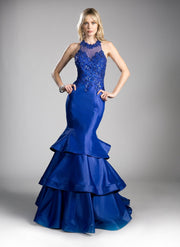 Blue Tiered Mermaid Gown with Beaded Top by Cinderella Divine CC7088-Long Formal Dresses-ABC Fashion
