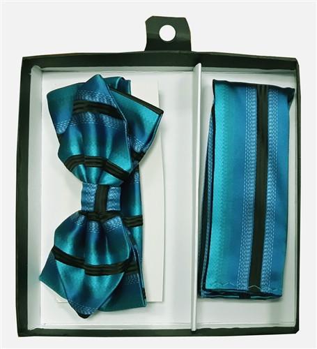 Blue/Black Striped Bow Tie with Pocket Square (Pointed Tip)-Men's Bow Ties-ABC Fashion