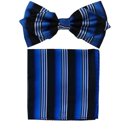 Blue/Black Striped Bow Tie with Pocket Square (Pointed Tip)-Men's Bow Ties-ABC Fashion