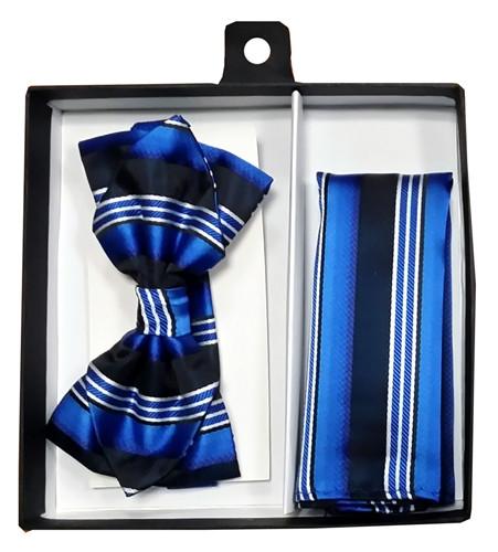 Blue/Black Striped Bow Tie with Pocket Square (Pointed Tip)-Men's Bow Ties-ABC Fashion