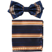 Blue/Brown Striped Bow Tie with Pocket Square (Pointed Tip)-Men's Bow Ties-ABC Fashion