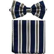 Blue/Gray Striped Bow Tie with Pocket Square (Pointed Tip)-Men's Bow Ties-ABC Fashion