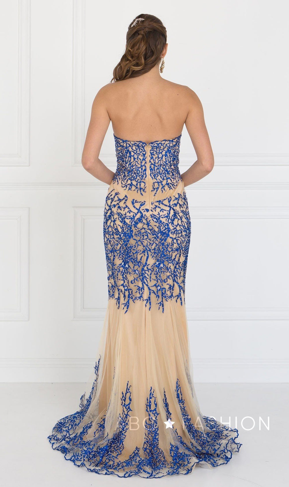 Blue/Nude Strapless Beaded Mermaid Gown by Elizabeth K GL2055-Long Formal Dresses-ABC Fashion