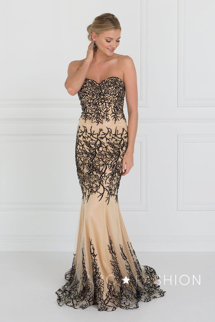 Blue/Nude Strapless Beaded Mermaid Gown by Elizabeth K GL2055-Long Formal Dresses-ABC Fashion