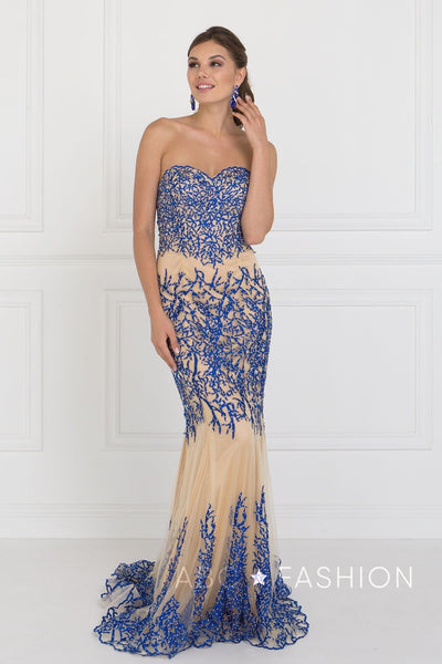 Blue/Nude Strapless Beaded Mermaid Gown by Elizabeth K GL2055-Long Formal Dresses-ABC Fashion