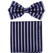 Blue/Purple Striped Bow Tie with Pocket Square (Pointed Tip)-Men's Bow Ties-ABC Fashion
